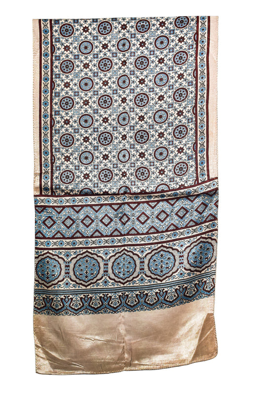 Ajrakh Mashru Silk Natural Dye Three Colour Print ( 3 Kam ) Screen Print Hand Printed Stole - 2.1 Mtr Length - SKU : JH02C01W