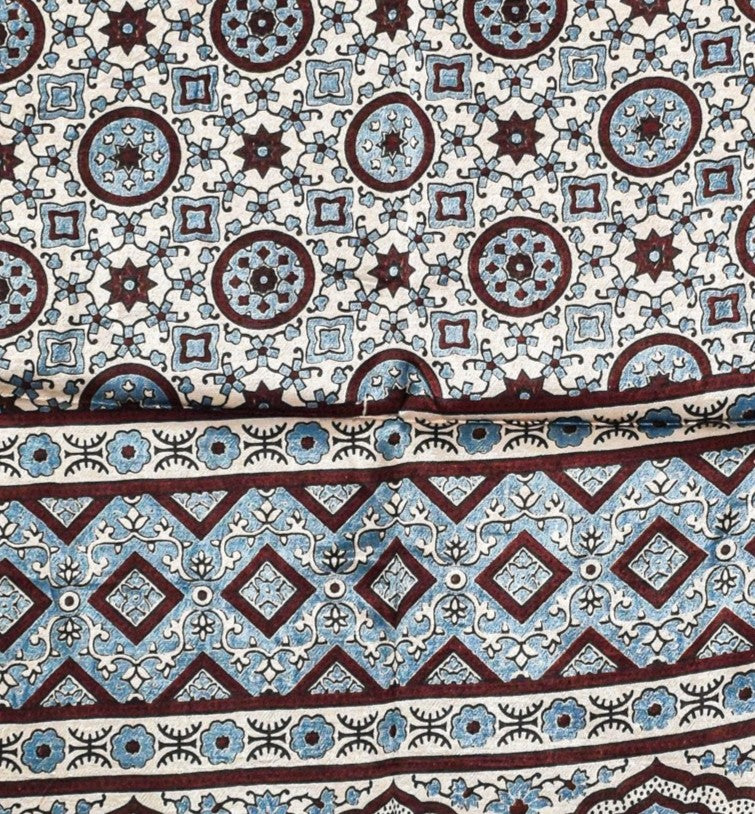 Ajrakh Mashru Silk Natural Dye Three Colour Print ( 3 Kam ) Screen Print Hand Printed Stole - 2.1 Mtr Length - SKU : JH02C01W