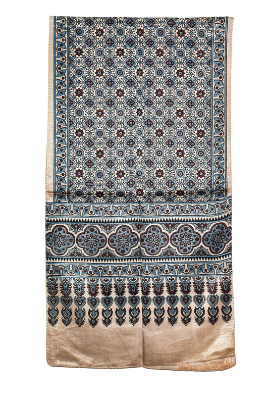 Ajrakh Mashru Silk Natural Dye Three Colour Print ( 3 Kam ) Screen Print Hand Printed Stole - 2.1 Mtr Length - SKU : JH02C01X