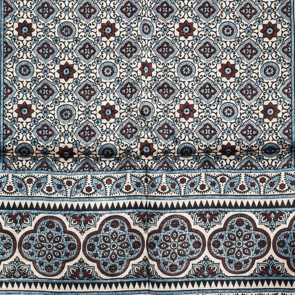 Ajrakh Mashru Silk Natural Dye Three Colour Print ( 3 Kam ) Screen Print Hand Printed Stole - 2.1 Mtr Length - SKU : JH02C01X