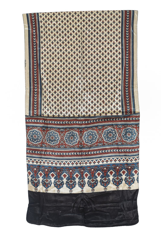 Ajrakh Mashru Silk Natural Dye Three Colour Print | 3 Kam | Screen Print Hand Printed Stole - 2.1 Mtr Length - SKU : JH09A01R