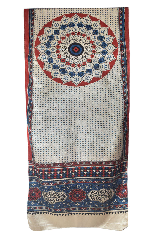 Ajrakh Mashru Silk Natural Dye Three Colour Print | 3 Kam | Screen Hand Printed Stole - 2.1 Mtr Length - SKU : JH29701F