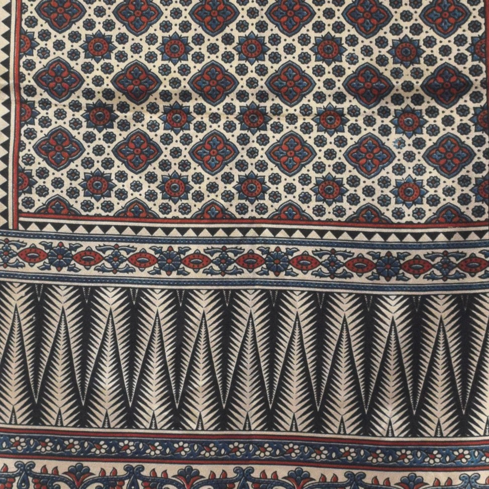 Ajrakh Mashru Silk Natural Dye Three Colour Print | 3 Kam | Screen Hand Printed Stole - 2.1 Mtr Length - SKU : JH2970AD