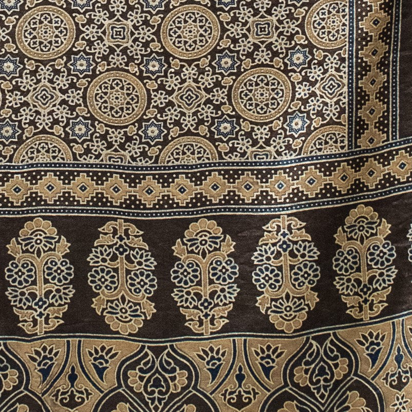 Ajrakh Mashru Silk Natural Dye Screen Print Hand Printed Stole - 2.1 Mtr Length - SKU : ID22701B