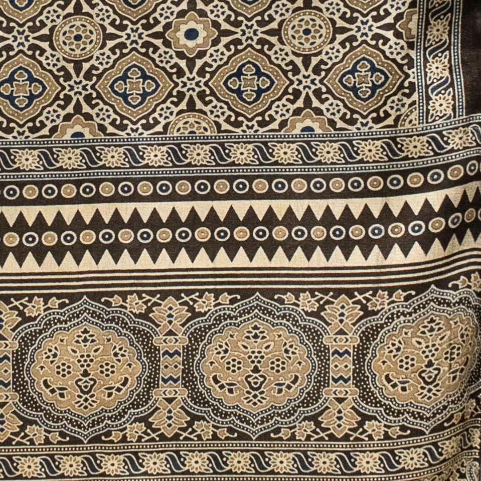 Ajrakh Mashru Silk Natural Dye Screen Print Hand Printed Stole - 2.1 Mtr Length - SKU : ID22701M