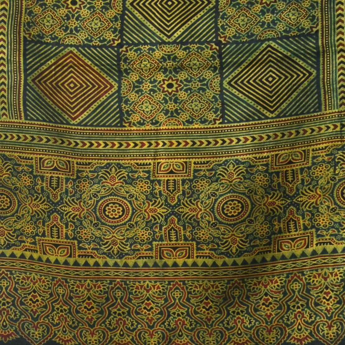 Ajrakh Mashru Silk Natural Dye Three Colour Print | 3 Kam | Screen Hand Printed Stole - 2.1 Mtr Length - SKU : JH29701U