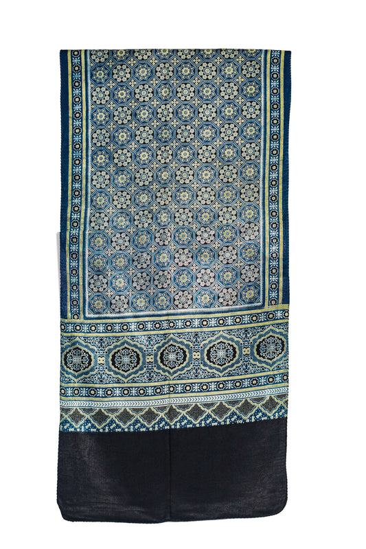 Ajrakh Mashru Silk Natural Dye Three Colour Print ( 3 Kam ) Screen Print Hand Printed Stole - 2.1 Mtr Length - SKU : JH02C01L