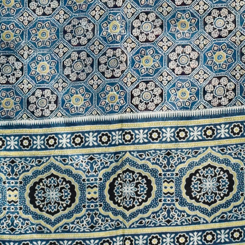 Ajrakh Mashru Silk Natural Dye Three Colour Print ( 3 Kam ) Screen Print Hand Printed Stole - 2.1 Mtr Length - SKU : JH02C01L