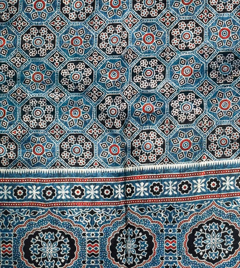 Ajrakh Mashru Silk Natural Dye Three Colour Print ( 3 Kam ) Screen Print Hand Printed Stole - 2.1 Mtr Length - SKU : JH02C01R
