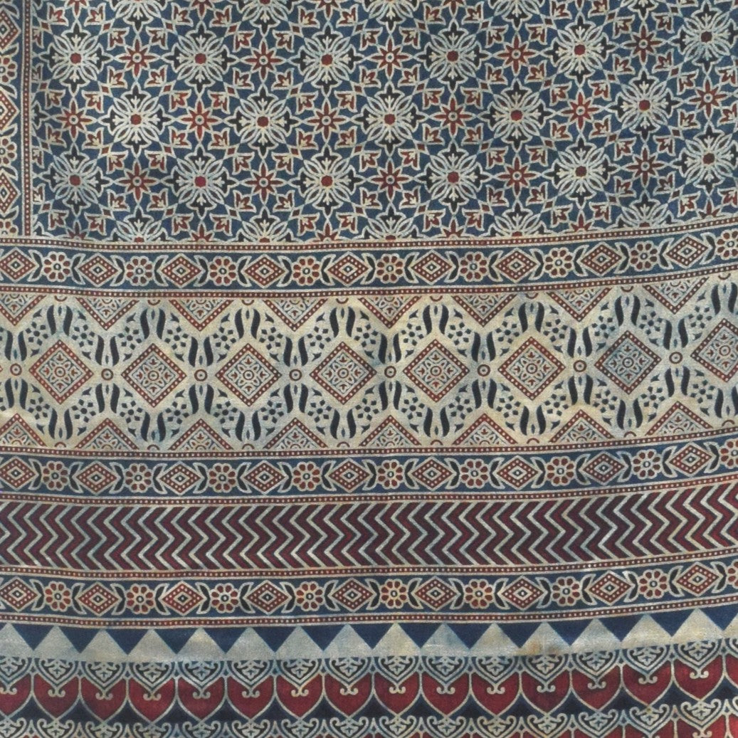 Ajrakh Mashru Silk Natural Dye Three Colour Print | 3 Kam | Screen Hand Printed Stole - 2.1 Mtr Length - SKU : JH29701J