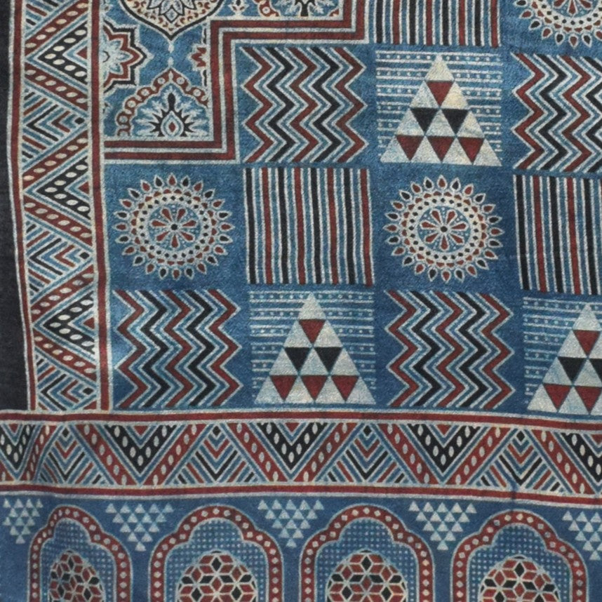 Ajrakh Mashru Silk Natural Dye Three Colour Print | 3 Kam | Screen Hand Printed Stole - 2.1 Mtr Length - SKU : JH29701K