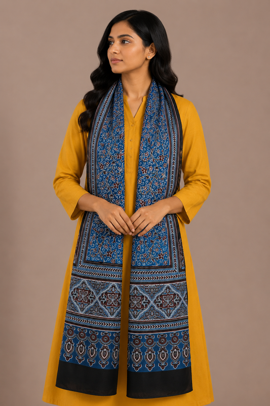Ajrakh Mashru Silk Natural Dye Three Colour Print ( 3 Kam ) Screen Print Hand Printed Stole - 2.1 Mtr Length - SKU : JH02C01H