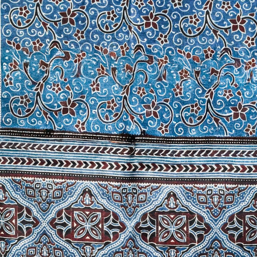 Ajrakh Mashru Silk Natural Dye Three Colour Print ( 3 Kam ) Screen Print Hand Printed Stole - 2.1 Mtr Length - SKU : JH02C01H
