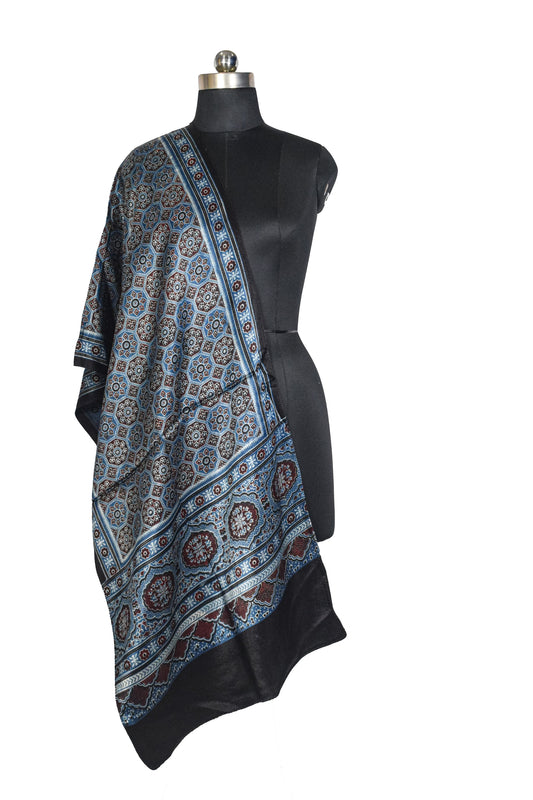 Ajrakh Mashru Silk Natural Dye Three Colour Print ( 3 Kam ) Screen Print Hand Printed Stole - 2.1 Mtr Length - SKU : JH02C01Q
