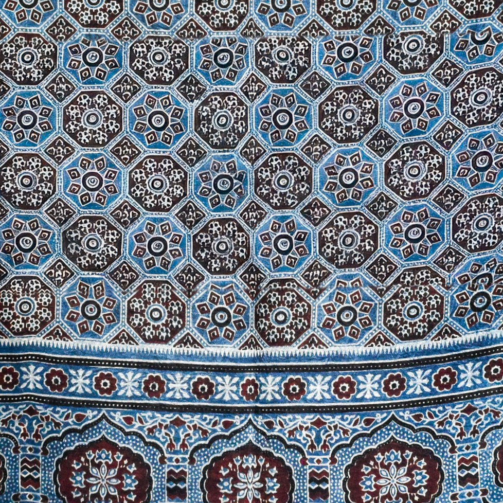 Ajrakh Mashru Silk Natural Dye Three Colour Print ( 3 Kam ) Screen Print Hand Printed Stole - 2.1 Mtr Length - SKU : JH02C01Q