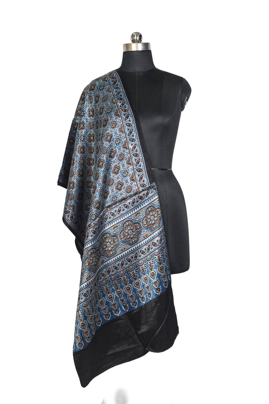 Ajrakh Mashru Silk Natural Dye Three Colour Print ( 3 Kam ) Screen Print Hand Printed Stole - 2.1 Mtr Length - SKU : JH02C01T