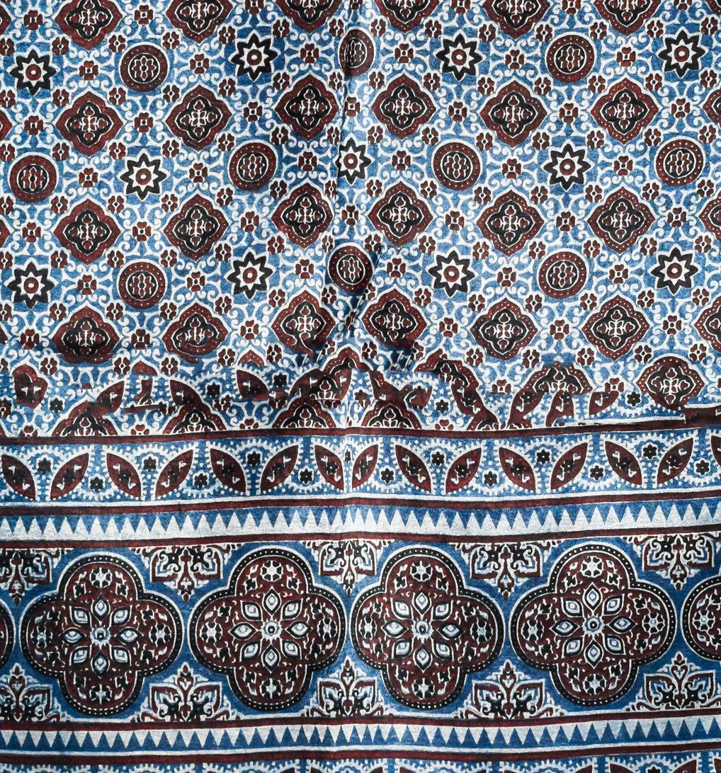 Ajrakh Mashru Silk Natural Dye Three Colour Print ( 3 Kam ) Screen Print Hand Printed Stole - 2.1 Mtr Length - SKU : JH02C01T
