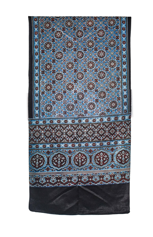 Ajrakh Mashru Silk Natural Dye Three Colour Print ( 3 Kam ) Screen Print Hand Printed Stole - 2.1 Mtr Length - SKU : JH02C0AA