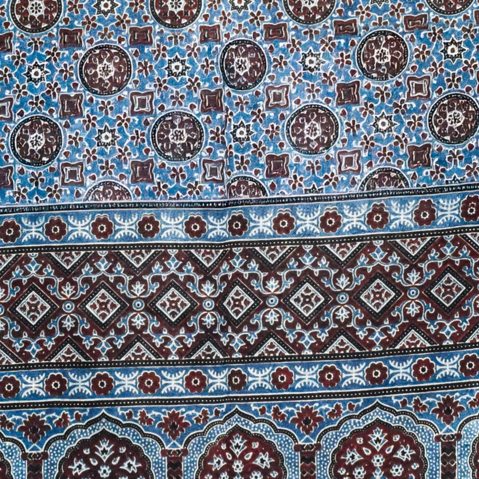 Ajrakh Mashru Silk Natural Dye Three Colour Print ( 3 Kam ) Screen Print Hand Printed Stole - 2.1 Mtr Length - SKU : JH02C0AA