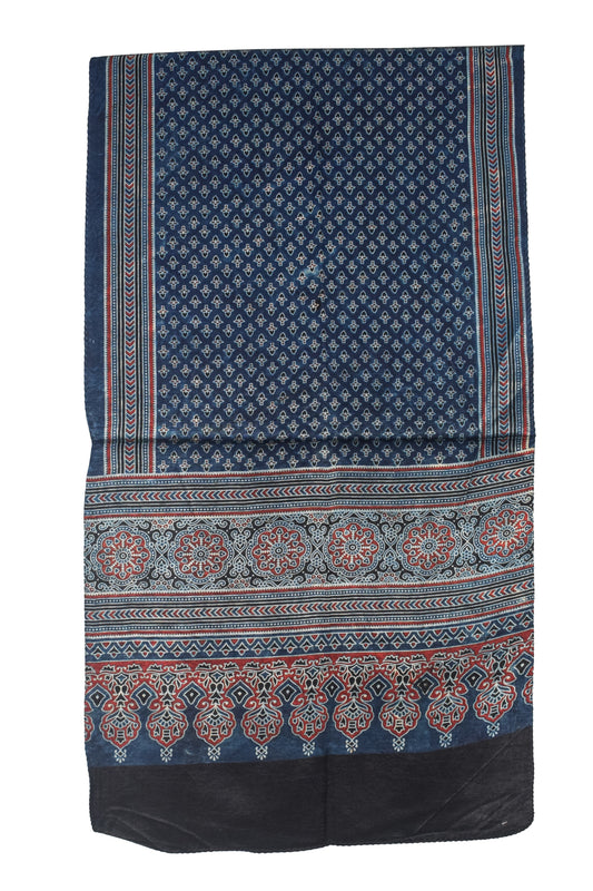 Ajrakh Mashru Silk Natural Dye Three Colour Print | 3 Kam | Screen Print Hand Printed Stole - 2.1 Mtr Length - SKU : JH09A01T