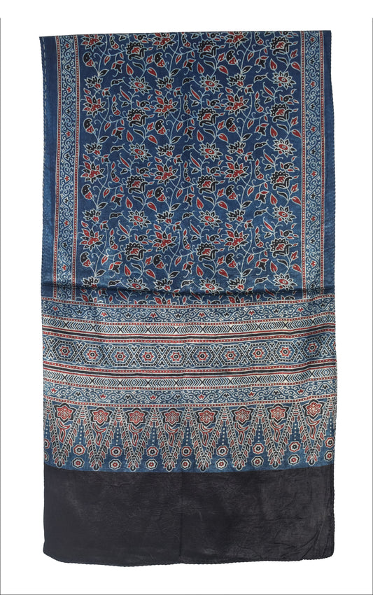 Ajrakh Mashru Silk Natural Dye Three Colour Print | 3 Kam | Screen Print Hand Printed Stole - 2.1 Mtr Length - SKU : JH09A0AD