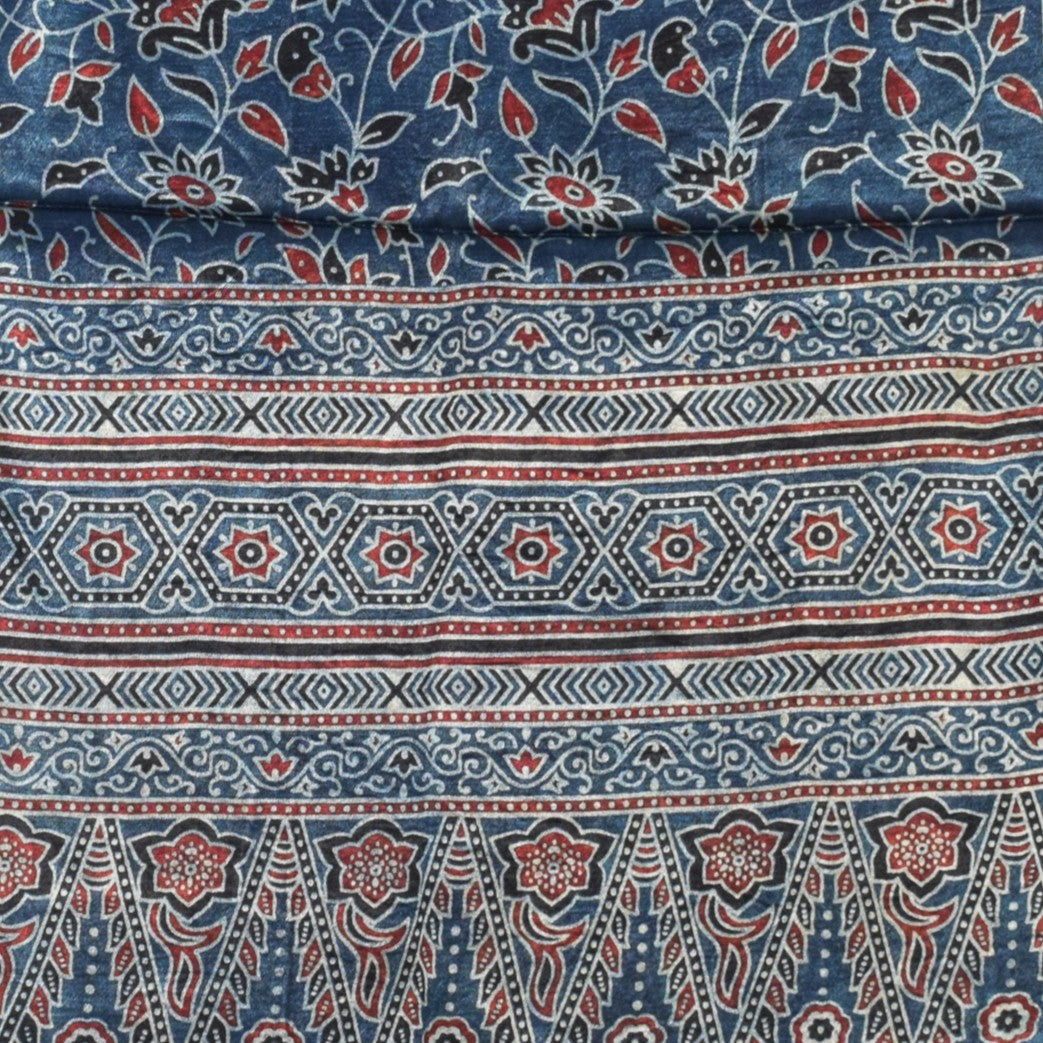 Ajrakh Mashru Silk Natural Dye Three Colour Print | 3 Kam | Screen Print Hand Printed Stole - 2.1 Mtr Length - SKU : JH09A0AD