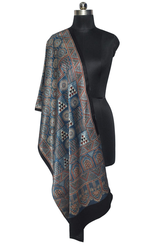 Ajrakh Mashru Silk Natural Dye Screen Print Hand Printed Stole - 2.1 Mtr Length - SKU : JH25601R