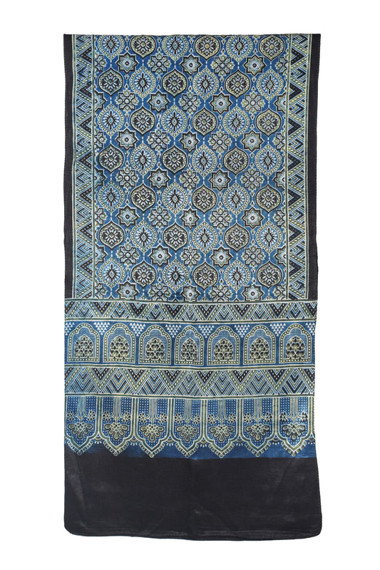 Ajrakh Mashru Silk Natural Dye Three Colour Print ( 3 Kam ) Screen Print Hand Printed Stole - 2.1 Mtr Length - SKU : JH02C01G