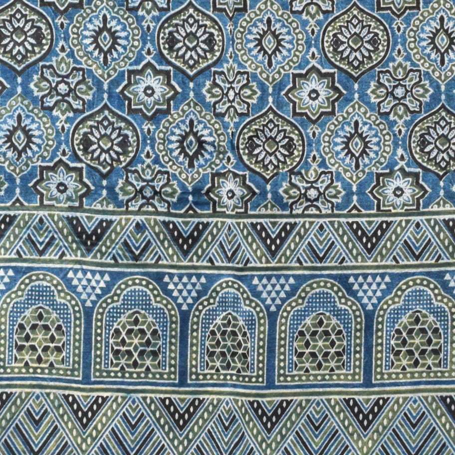 Ajrakh Mashru Silk Natural Dye Three Colour Print ( 3 Kam ) Screen Print Hand Printed Stole - 2.1 Mtr Length - SKU : JH02C01G