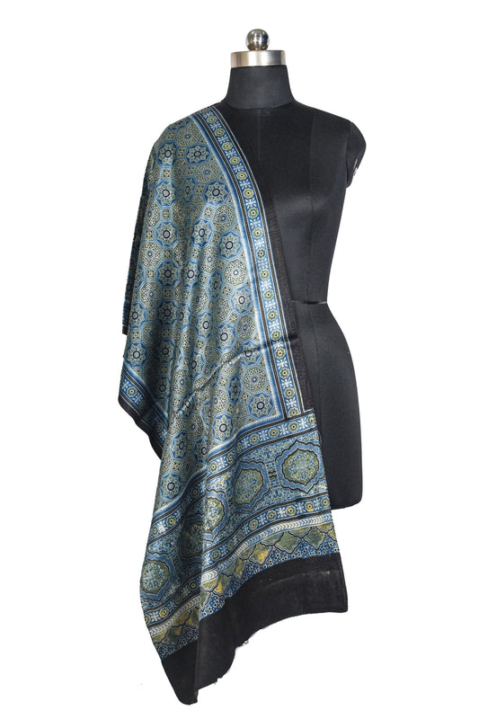 Ajrakh Mashru Silk Natural Dye Three Colour Print ( 3 Kam ) Screen Print Hand Printed Stole - 2.1 Mtr Length - SKU : JH02C01K