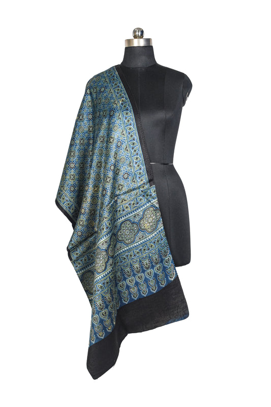Ajrakh Mashru Silk Natural Dye Three Colour Print ( 3 Kam ) Screen Print Hand Printed Stole - 2.1 Mtr Length - SKU : JH02C01V