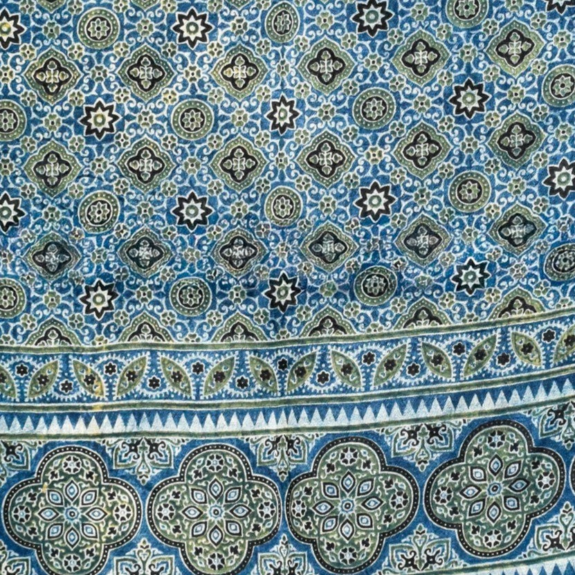 Ajrakh Mashru Silk Natural Dye Three Colour Print ( 3 Kam ) Screen Print Hand Printed Stole - 2.1 Mtr Length - SKU : JH02C01V
