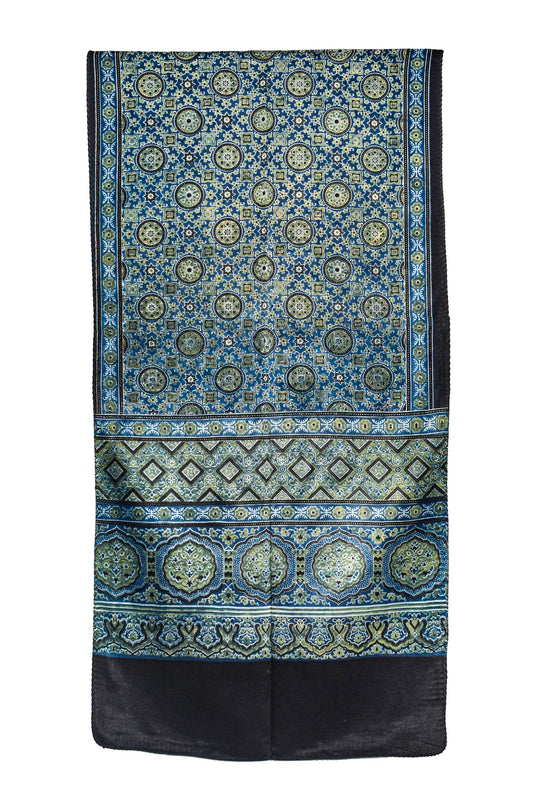 Ajrakh Mashru Silk Natural Dye Three Colour Print ( 3 Kam ) Screen Print Hand Printed Stole - 2.1 Mtr Length - SKU : JH02C01Y