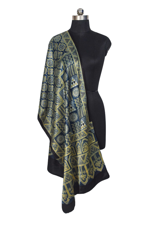 Ajrakh Mashru Silk Natural Dye Three Colour Print ( 3 Kam ) Screen Print Hand Printed Stole - 2.1 Mtr Length - SKU : JH03101B