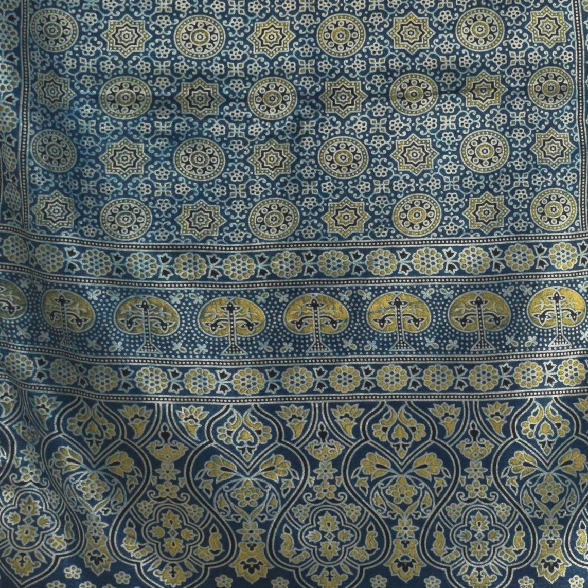 Ajrakh Mashru Silk Natural Dye Three Colour Print | 3 Kam | Screen Hand Printed Stole - 2.1 Mtr Length - SKU : JH29701Z