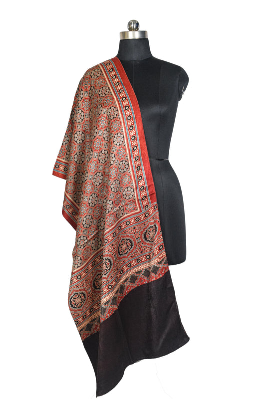 Ajrakh Mashru Silk Natural Dye Three Colour Print ( 3 Kam ) Screen Print Hand Printed Stole - 2.1 Mtr Length - SKU : JH02C01M