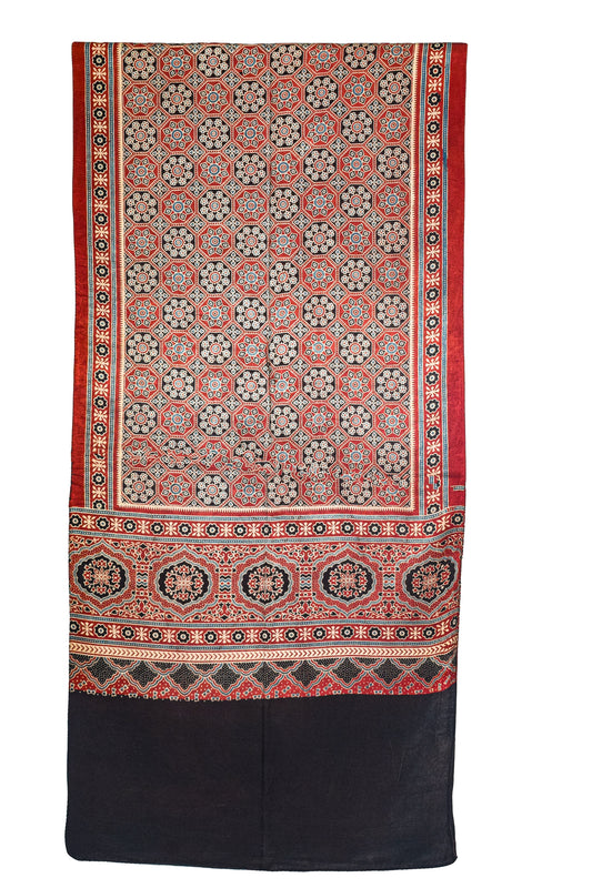 Ajrakh Mashru Silk Natural Dye Three Colour Print ( 3 Kam ) Screen Print Hand Printed Stole - 2.1 Mtr Length - SKU : JH02C01M