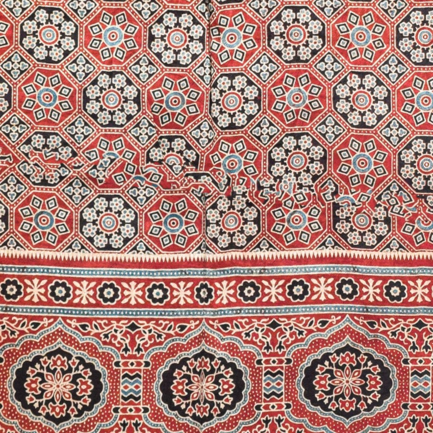 Ajrakh Mashru Silk Natural Dye Three Colour Print ( 3 Kam ) Screen Print Hand Printed Stole - 2.1 Mtr Length - SKU : JH02C01M