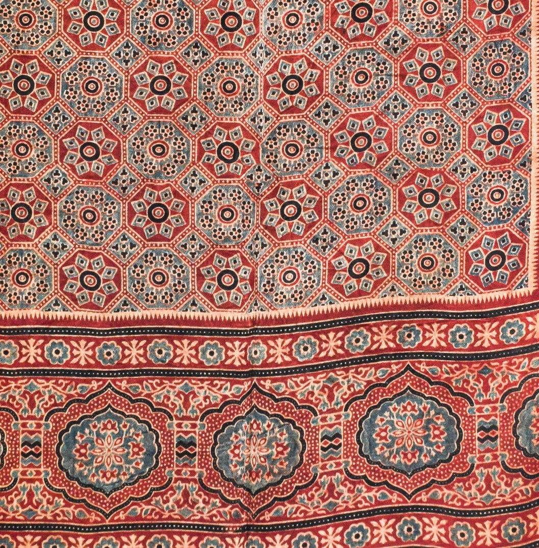 Ajrakh Mashru Silk Natural Dye Three Colour Print ( 3 Kam ) Screen Print Hand Printed Stole - 2.1 Mtr Length - SKU : JH02C01N
