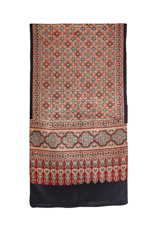 Ajrakh Mashru Silk Natural Dye Three Colour Print ( 3 Kam ) Screen Print Hand Printed Stole - 2.1 Mtr Length - SKU : JH02C01S