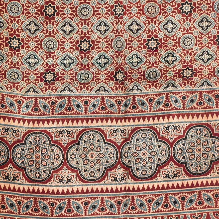 Ajrakh Mashru Silk Natural Dye Three Colour Print ( 3 Kam ) Screen Print Hand Printed Stole - 2.1 Mtr Length - SKU : JH02C01S