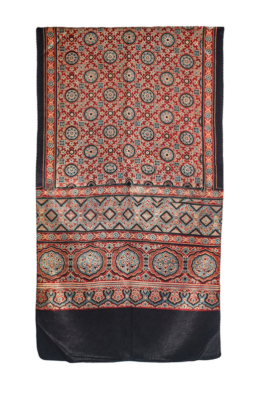 Ajrakh Mashru Silk Natural Dye Three Colour Print ( 3 Kam ) Screen Print Hand Printed Stole - 2.1 Mtr Length - SKU : JH02C0AB