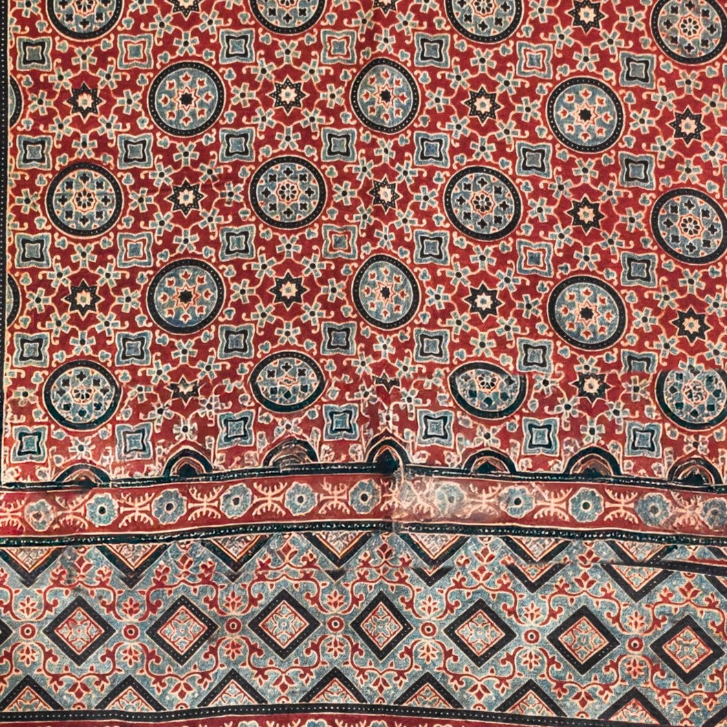 Ajrakh Mashru Silk Natural Dye Three Colour Print ( 3 Kam ) Screen Print Hand Printed Stole - 2.1 Mtr Length - SKU : JH02C0AB