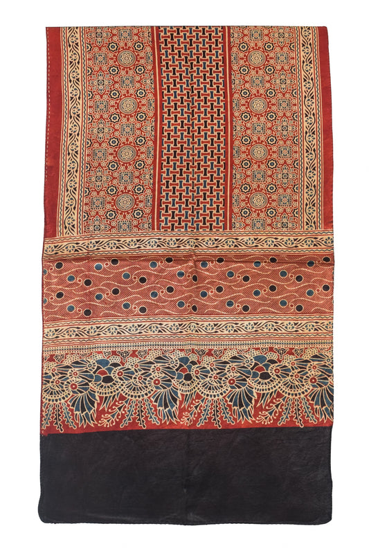 Ajrakh Mashru Silk Natural Dye Three Colour Print | 3 Kam | Screen Print Hand Printed Stole - 2.1 Mtr Length - SKU : JH09A01Q