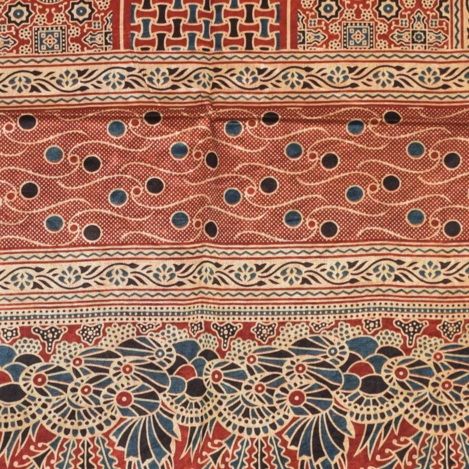 Ajrakh Mashru Silk Natural Dye Three Colour Print | 3 Kam | Screen Print Hand Printed Stole - 2.1 Mtr Length - SKU : JH09A01Q