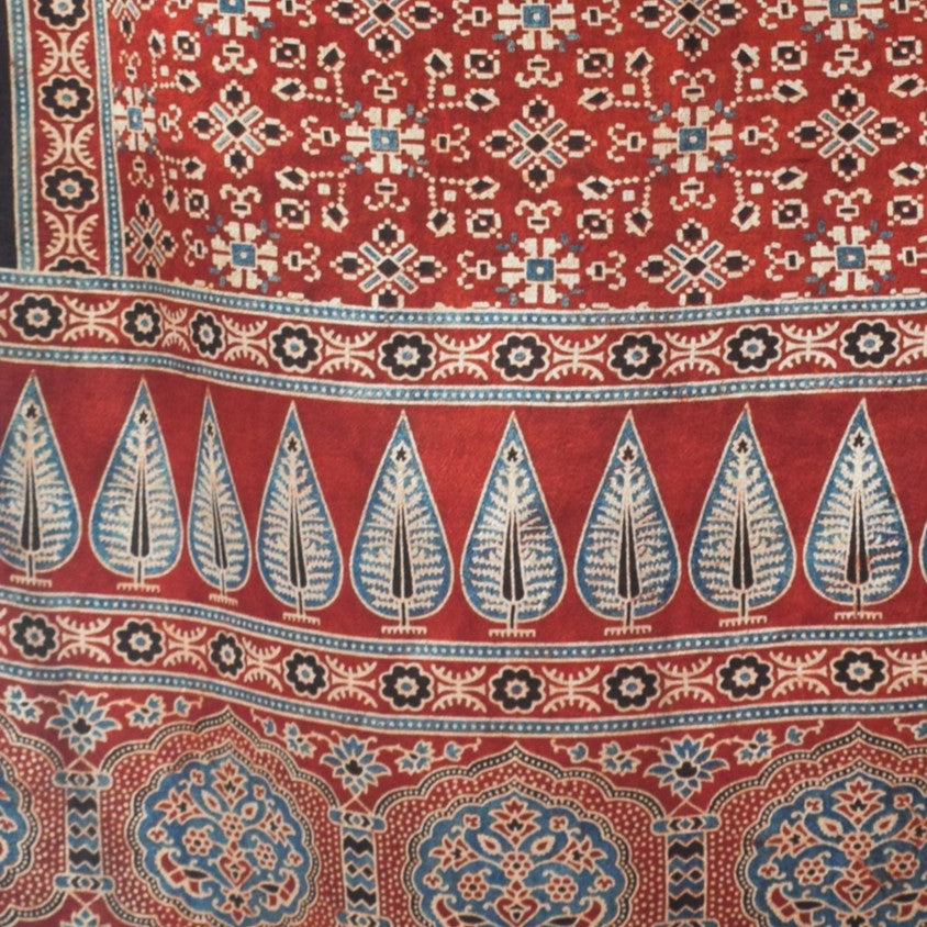 Ajrakh Mashru Silk Natural Dye Three Colour Print | 3 Kam | Screen Hand Printed Stole - 2.1 Mtr Length - SKU : JH29701E