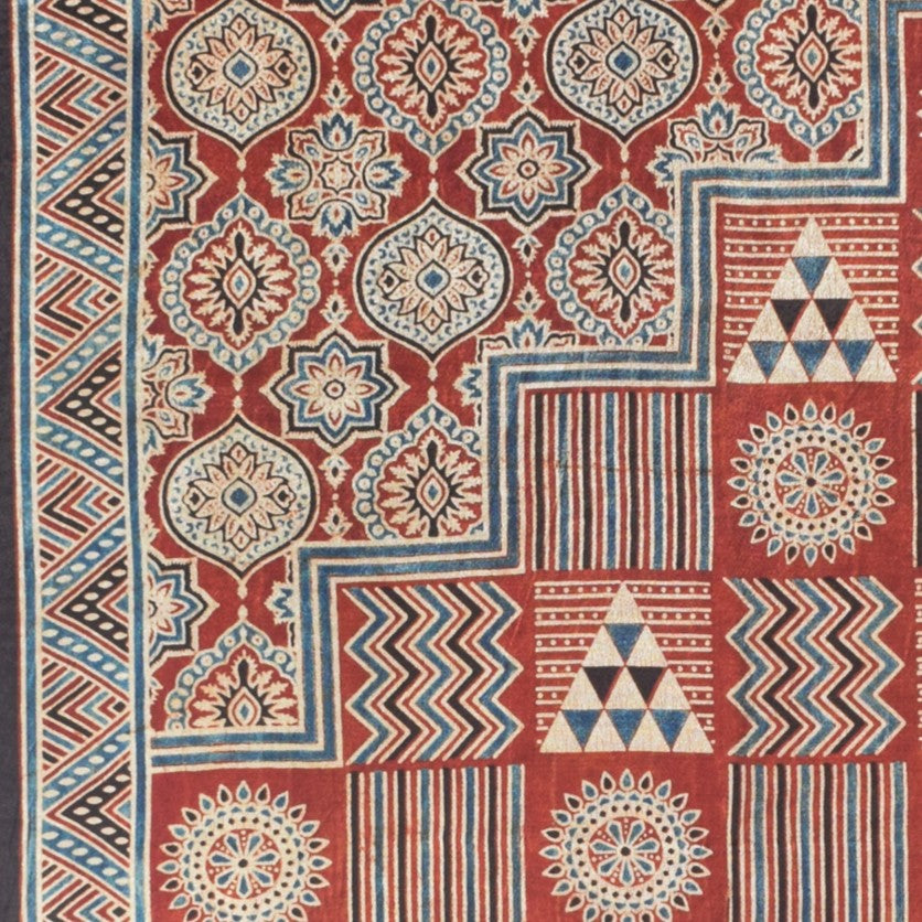 Ajrakh Mashru Silk Natural Dye Three Colour Print | 3 Kam | Screen Hand Printed Stole - 2.1 Mtr Length - SKU : JH29701G