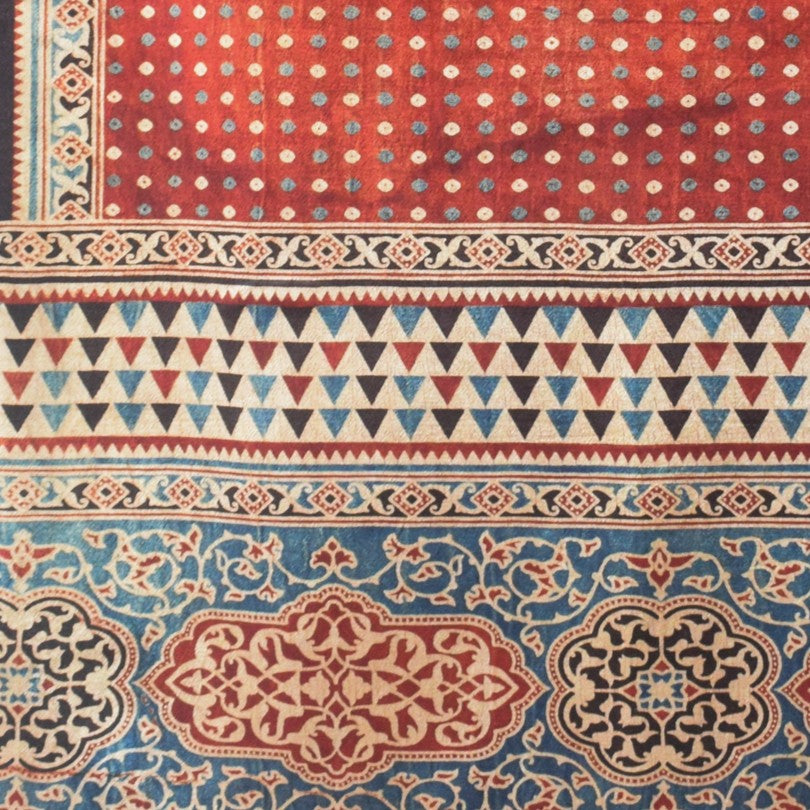 Ajrakh Mashru Silk Natural Dye Three Colour Print | 3 Kam | Screen Hand Printed Stole - 2.1 Mtr Length - SKU : JH2970AA