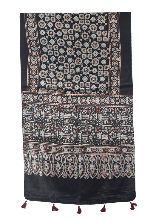 Ajrakh Mashru Silk Natural Dye Hand Block Print Stole With Tassels - 2 Mtr Length - SKU : AI07701M