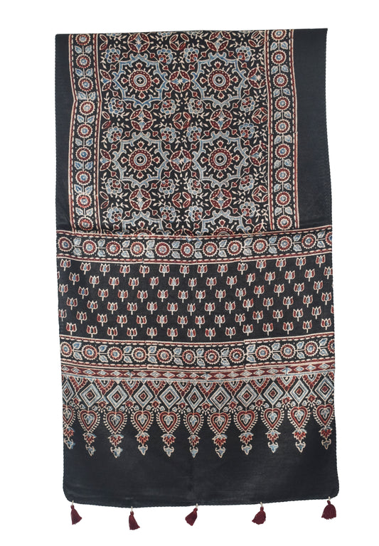 Ajrakh Mashru Silk Natural Dye Hand Block Print Stole With Tassels - 2 Mtr Length - SKU : AI0770AE